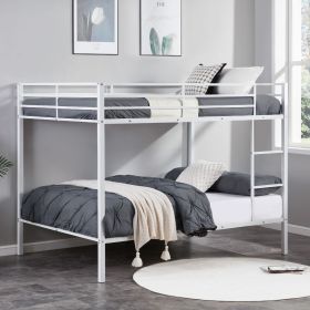 Full Over Full Bunk Bed, Heavy Duty Metal Bunk Bed Frame with Built-in Ladder and Safety Guard Rail, Low Metal Bunk Bed Frame for Kids - White