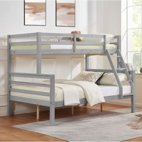 Twin over Full Bunk Bed with Thick Posts,Wooden Bunk Bed with High Guardrail and Ladder, Grey - Wood