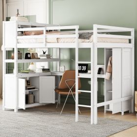 Wood Loft Bed with Cabinet and Bookshelf, Full Size Loft with Wardrobe and Desk for Kids,White (Expect Arrival Date 2024/8/25) - as Pic