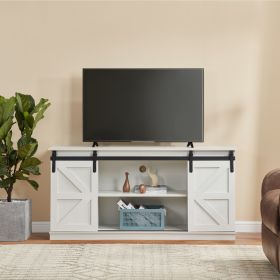 58" Farmhouse TV Stand and Entertainment Center for Televisions up to 65 Inchs,with Sliding Barn Doors and Storage Cabinets,White - White - MDF+Metal