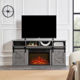Modern Farmhouse TV Media Stand, Large Barn Inspired Home Entertainment Console, with 23" Fireplace Insert, for TV Up to 65'' - Grey