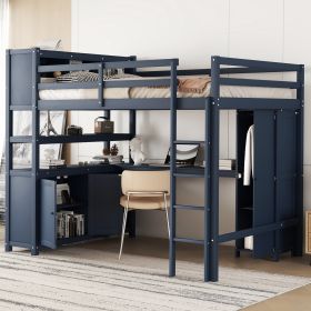 Wood Loft Bed with Cabinet and Bookshelf, Full Size Loft with Wardrobe and Desk for Kids,Dark Blue(Expect Arrival Date 2024/8/25) - as Pic