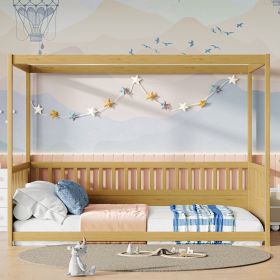 Full Size Canopy Bed Frame with Guardrails for Kids,Floor Bed Full with Four Poster Design,Kids Montessori Floor Bed,Wood Canopy Bed Frame
