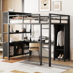 Metal Loft Bed with Wardrobe And L-shaped Desk, Full Size Loft Bed with Storage Cubes and Shelves, Heavy Duty Loft Bed