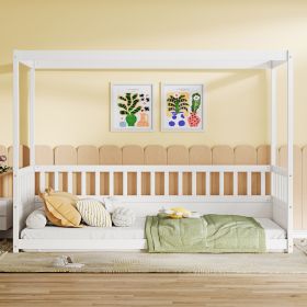 Twin Size Canopy Bed Frame with Guardrails for Kids,Floor Bed Twin with Four Poster Design,Kids Montessori Floor Bed,Wood Canopy (Twin,White)