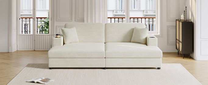 86.5" Oversized Loveseat Chaise Lounge Sectional Sofa Bed Corduroy Sleeper Sofa with Two USB Ports, Beige