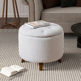 Round Ottoman storage stool with Cover Lid,Decorate the living room and bedroom with round teddy fleece storage Ottoman (White) - as Pic