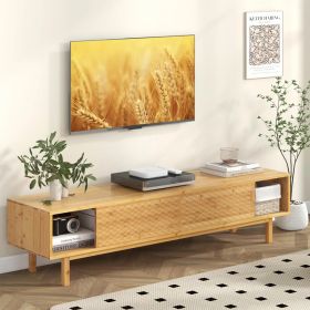 1PC 63 Inches Mid Century Modern Bamboo TV Stand with Sliding Doors TV Stand - Natural