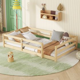 Twin Size Floor Bed, Montessori Floor Bed with Fence, Kids Montessori Bed Twin Size, Wood Montessori Floor Bed for Kids, Girls, Boys