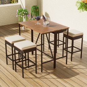 GO 5-Piece Outdoor Acacia Wood Bar Height Table And Four Stools With Cushions, Garden PE Rattan Wicker Dining Table, Brown - as Pic