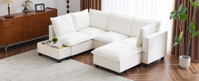 90" U-shaped Sectional Sofa Modular Sofa Couch with a Movable Ottoman , a Coffee Table with Hidden Charging Devices for Living Room, White - as Pic