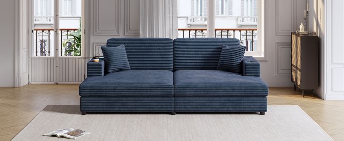 86.5" Oversized Loveseat Chaise Lounge Sectional Sofa Bed Corduroy Sleeper Sofa with Two USB Ports , Blue - as Pic