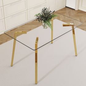 51 * 31.5 inch rectangular dining table: transparent glass paired with golden seven character legs- Gold - Glass+Metal