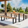 GO 3-pieces Outdoor Dining Table With 2 Benches, Patio Dining Set With Unique Top Texture, Acacia Wood Top & Steel Frame