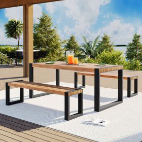 GO 3-pieces Outdoor Dining Table With 2 Benches, Patio Dining Set With Unique Top Texture, Acacia Wood Top & Steel Frame