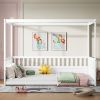 Full Size Canopy Bed Frame with Guardrails for Kids,Floor Bed Full with Four Poster Design(Full,White)