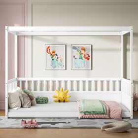 Full Size Canopy Bed Frame with Guardrails for Kids,Floor Bed Full with Four Poster Design(Full,White)