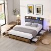Queen Size Bed Frame, Storage Headboard with Charging Station and 4 Storage Drawers,LED Lights , Brown and and Gray - as Pic
