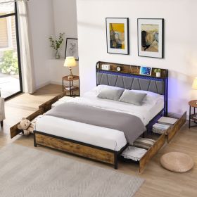 Queen Size Bed Frame, Storage Headboard with Charging Station and 4 Storage Drawers,LED Lights , Brown and and Gray - as Pic