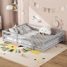 Full Size Floor Bed, Montessori Floor Bed with Fence, Kids Montessori Bed Full Size, Wood Montessori Floor Bed for Kids, Girls, Boys (GRAY) - as Pic