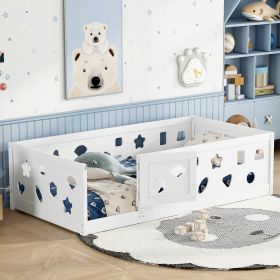 Twin Size Floor Bed with Heightened Safety Guardrails and Door, Solid Wood Bedframe with Rails, White