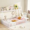 Full Size Floor Bed Frame with Safety Fence, Metal Floor Bed with Desk and Storage Shelves, Playhouse for Kids, White - as Pic
