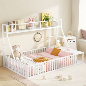 Full Size Floor Bed Frame with Safety Fence, Metal Floor Bed with Desk and Storage Shelves, Playhouse for Kids, White - as Pic