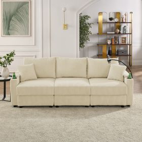 Modern 3 seat Sofa with Storage, Deep Seat Sofa with Cup Holders & Phone Holder Charging Ports, Beige Corduroy Couch for Living Room,Beige - as Pic
