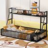 Twin Size Floor Bed Frame with Safety Fence, Metal Floor Bed with Desk and Storage Shelves, Playhouse for Kids, Black - as Pic