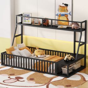 Twin Size Floor Bed Frame with Safety Fence, Metal Floor Bed with Desk and Storage Shelves, Playhouse for Kids, Black - as Pic