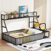 Full Size Floor Bed Frame with Safety Fence, Metal Floor Bed with Desk and Storage Shelves, Playhouse for Kids, Black - as Pic