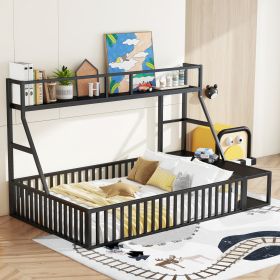 Full Size Floor Bed Frame with Safety Fence, Metal Floor Bed with Desk and Storage Shelves, Playhouse for Kids, Black - as Pic