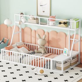 Twin Size Floor Bed Frame with Safety Fence, Metal Floor Bed with Desk and Storage Shelves, Playhouse for Kids, White - as Pic