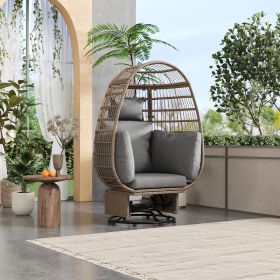 Outdoor Swivel Chair with Cushions, Rattan Egg Patio Chair with Rocking Function for Balcony, Poolside and Garden - Natural+Grey - Wicker