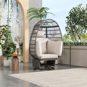 Outdoor Swivel Chair with Cushions, Rattan Egg Patio Chair with Rocking Function for Balcony, Poolside and Garden - Beige+Grey - Wicker