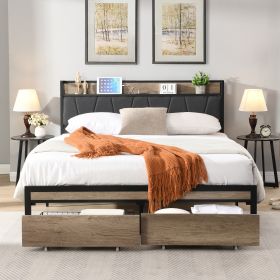 FULL Size Metal Platform Bed Frame with upholstery storage function Headboard and USB LINER and Footboard with drawer