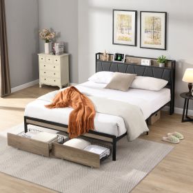 Queen Size Metal Platform Bed Frame with upholstery storage function Headboard and USB LINER and Footboard with drawers, Queen