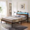 Queen Size Metal Platform Bed Frame with Wooden Headboard and Footboard with USB LINER,LED Lights- Queen