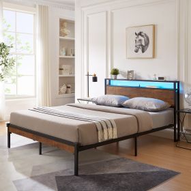 Queen Size Metal Platform Bed Frame with Wooden Headboard and Footboard with USB LINER,LED Lights- Queen