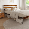 Iron Platform Bed Frame with Rustic Wood Headboard & Footboard (Queen Size) - Brown - as Pic