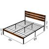 Iron Platform Bed Frame with Rustic Wood Headboard & Footboard (Queen Size) - Brown - as Pic