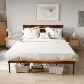 Iron Platform Bed Frame with Rustic Wood Headboard & Footboard (Queen Size) - Brown - as Pic