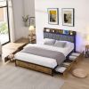 Full Size Bed Frame, Storage Headboard with Charging Station and 4 Storage Drawers,LED Lights , Brown and Gray - Full