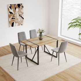55" MDF Wood Colour Dining Table and Modern Dining Chair Set of 4, Mid Century Wooden Kitchen Table Set, Metal Base & Legs- Grey linen+wood color