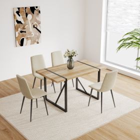 55" MDF Wood Colour Dining Table and Modern Dining Chair Set of 4, Mid Century Wooden Kitchen Table Set, Metal Base & Legs- Beige linen+wood color