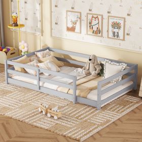 Twin Size Floor Bed, Montessori Floor Bed with Fence, Kids Montessori Bed Twin Size, Wood Montessori Floor Bed for Kids, Girls, Boys (GRAY) - as Pic