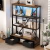 3-Shelf Metal Bookcase with Drawers for Home Office, Open Bookcase, Vintage Industrial Style Bookcase with LED,Vintage wood color - as Pic