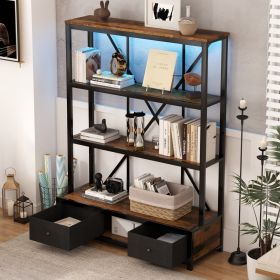 3-Shelf Metal Bookcase with Drawers for Home Office, Open Bookcase, Vintage Industrial Style Bookcase with LED,Vintage wood color - as Pic