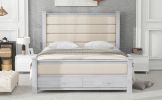 Queen Size Wood Frame Platform Bed with Upholstered Headboard, Footboard and 2 Drawers, Antique White - as Pic