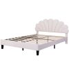 Queen Size Upholstered Platform Bed with Flower Pattern Velvet Headboard, Beige - as Pic